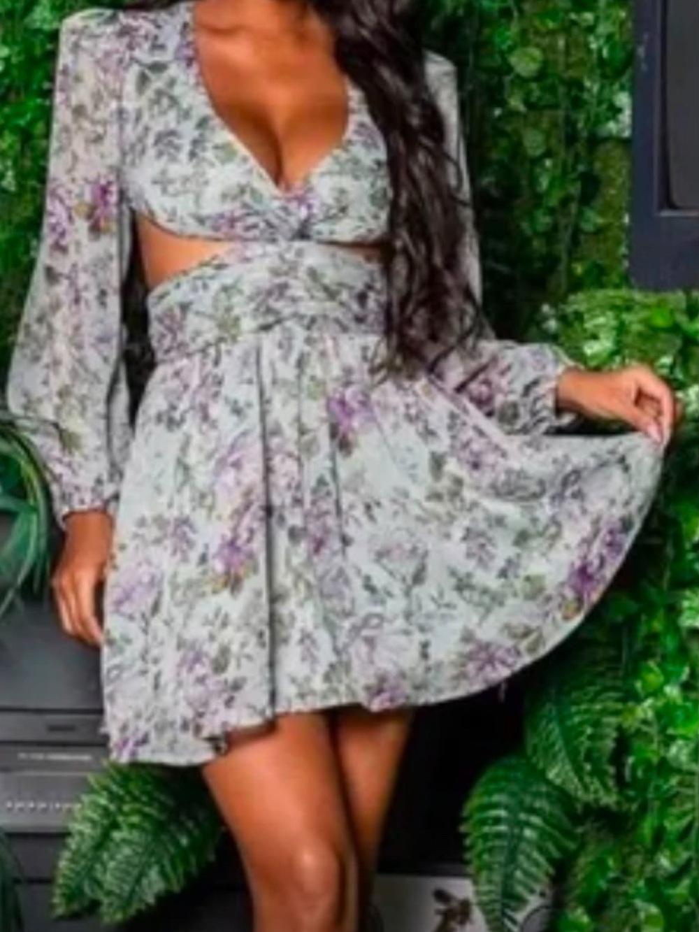 Floral Cutout Mini Dress in Lavender and Green